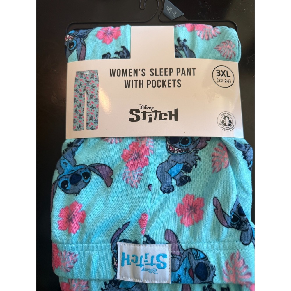 NWT Disney Stitch Women's Sleep Pants Pockets 3XL Bright Aqua Tropical Hibiscus